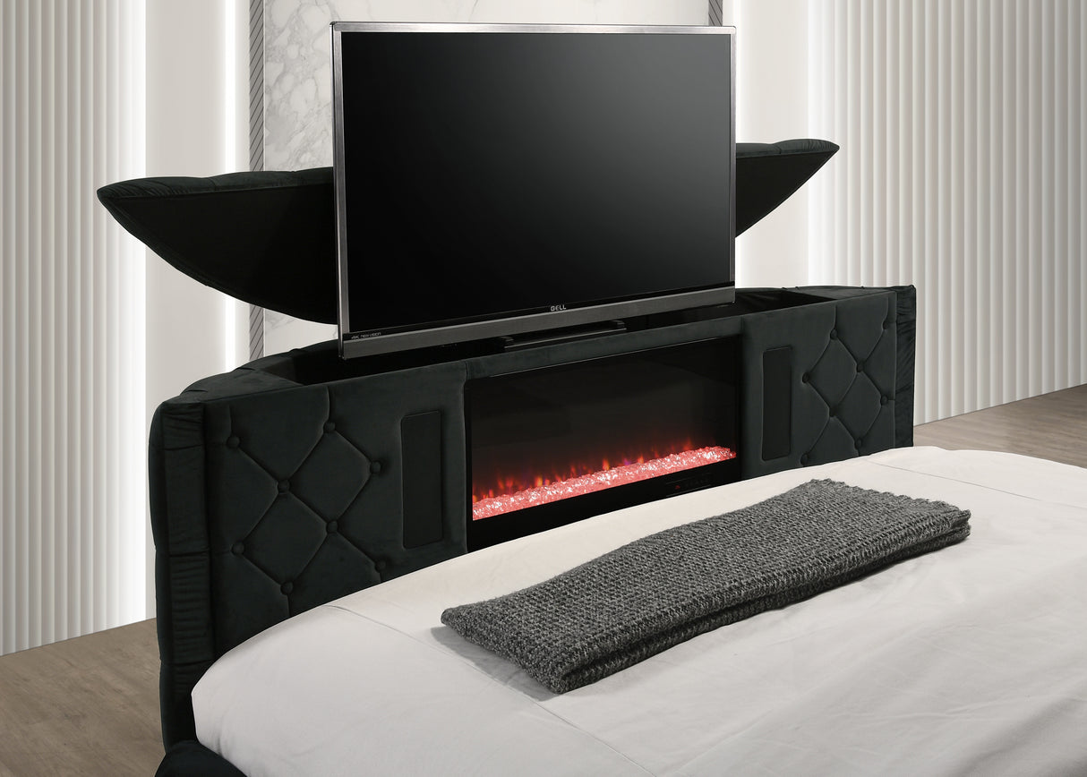 Voltare Black Queen Upholstered Fireplace Bed with TV Lift from Crown Mark - Luna Furniture