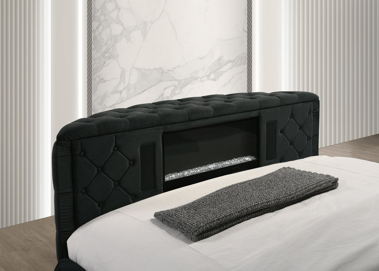 Voltare Black Queen Upholstered Fireplace Bed with TV Lift from Crown Mark - Luna Furniture