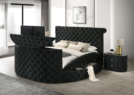 Voltare Black King Upholstered Fireplace Bed with TV Lift from Crown Mark - Luna Furniture