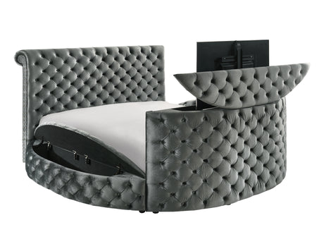Voltare Gray Queen Upholstered Fireplace Bed with TV Lift from Crown Mark - Luna Furniture