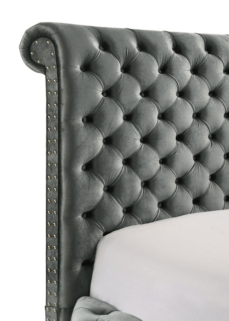 Voltare Gray King Upholstered Fireplace Bed with TV Lift from Crown Mark - Luna Furniture