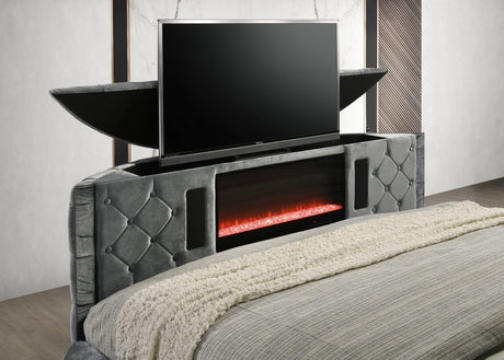 Voltare Gray King Upholstered Fireplace Bed with TV Lift from Crown Mark - Luna Furniture