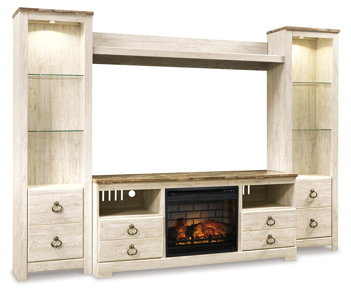 Willowton Whitewash 4-Piece Entertainment Center with Electric Fireplace from Ashley - Luna Furniture