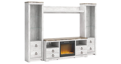Willowton Whitewash 4-Piece Entertainment Center with Electric Fireplace from Ashley - Luna Furniture
