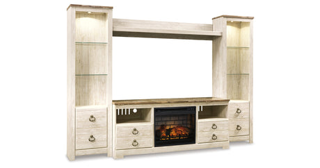 Willowton Whitewash 4-Piece Entertainment Center with Electric Fireplace from Ashley - Luna Furniture