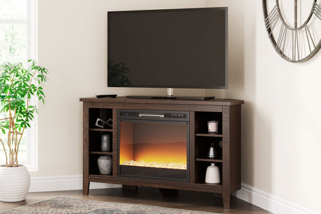 Camiburg Warm Brown Corner TV Stand with Electric Fireplace