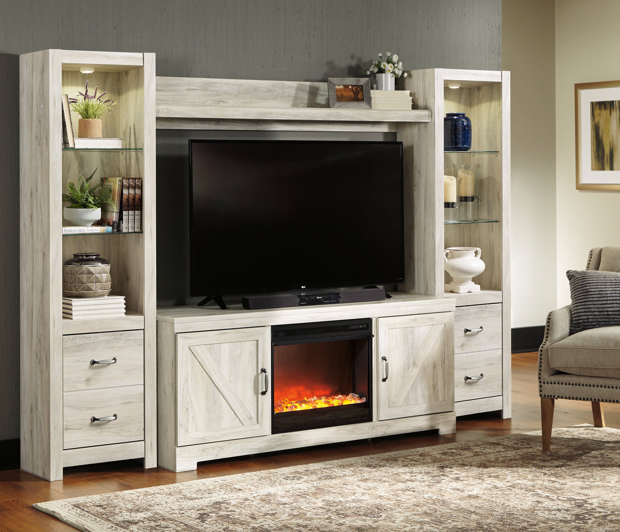 Bellaby Whitewash 4-Piece Entertainment Center with Fireplace from Ashley Furniture - Luna Furniture