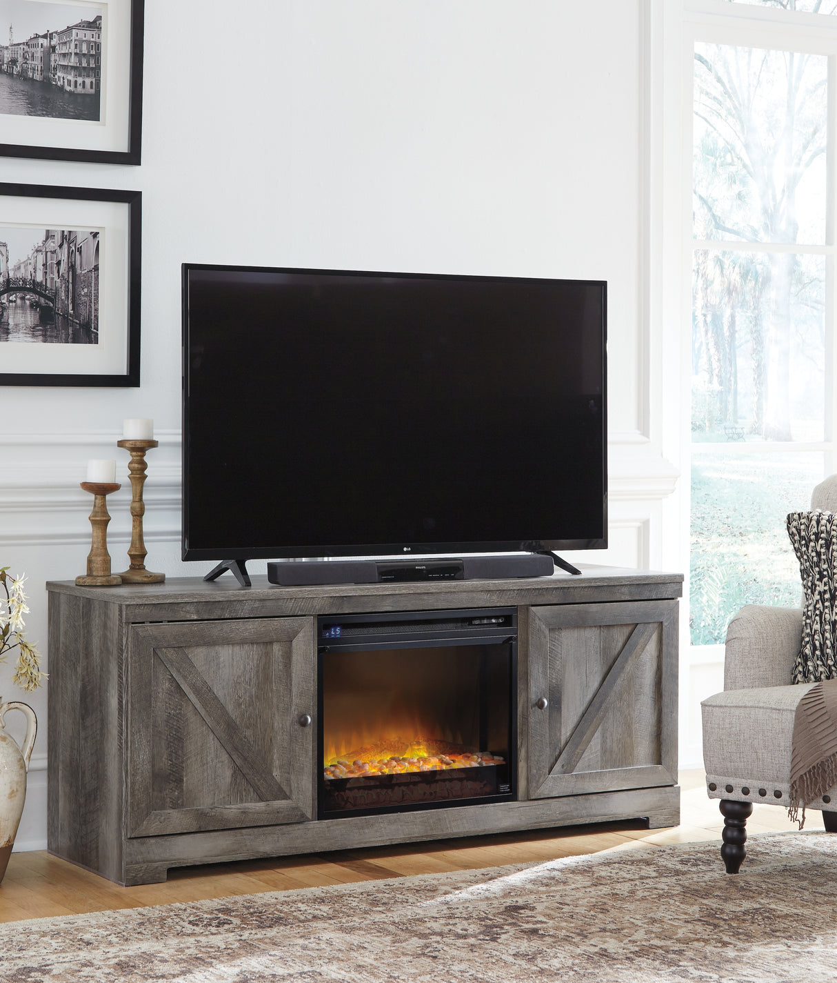 Wynnlow Gray 63" TV Stand with Electric Fireplace from Ashley Furniture - Luna Furniture