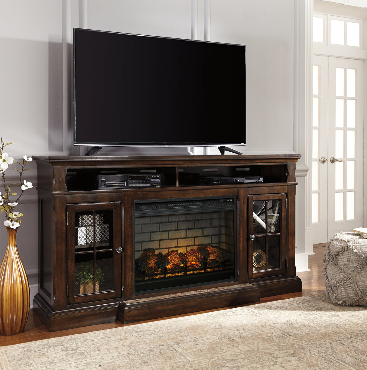 Roddinton Dark Brown 72" TV Stand with Electric Fireplace from Ashley - Luna Furniture
