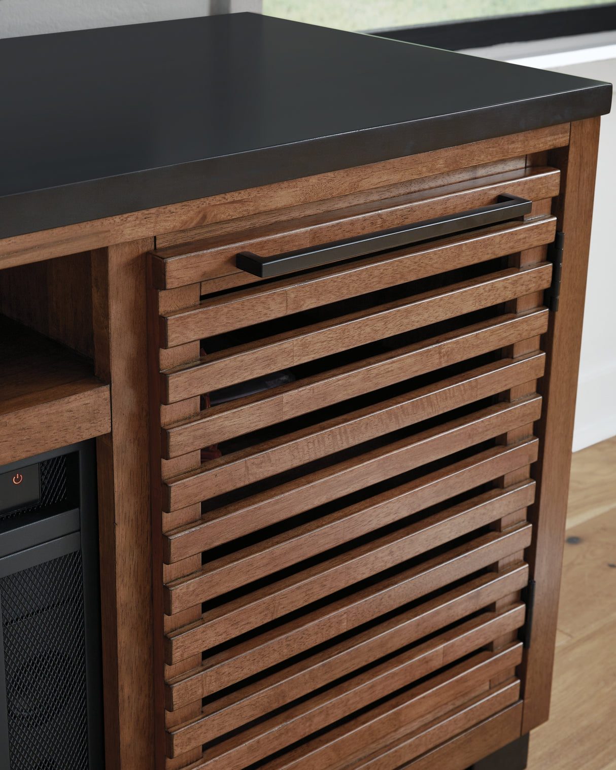 Kallari Warm Brown/Black 84" TV Stand with Electric Fireplace from Ashley Furniture - Luna Furniture