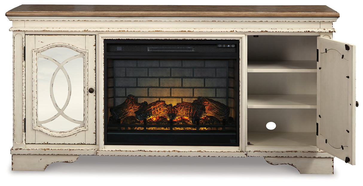 Realyn Chipped White 74" TV Stand with Electric Fireplace from Ashley - Luna Furniture