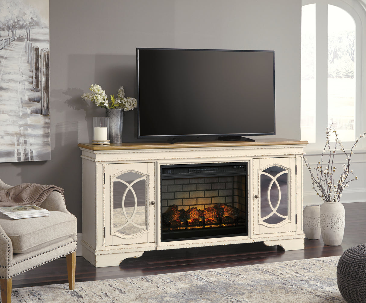 Realyn Chipped White 74" TV Stand with Electric Fireplace from Ashley - Luna Furniture