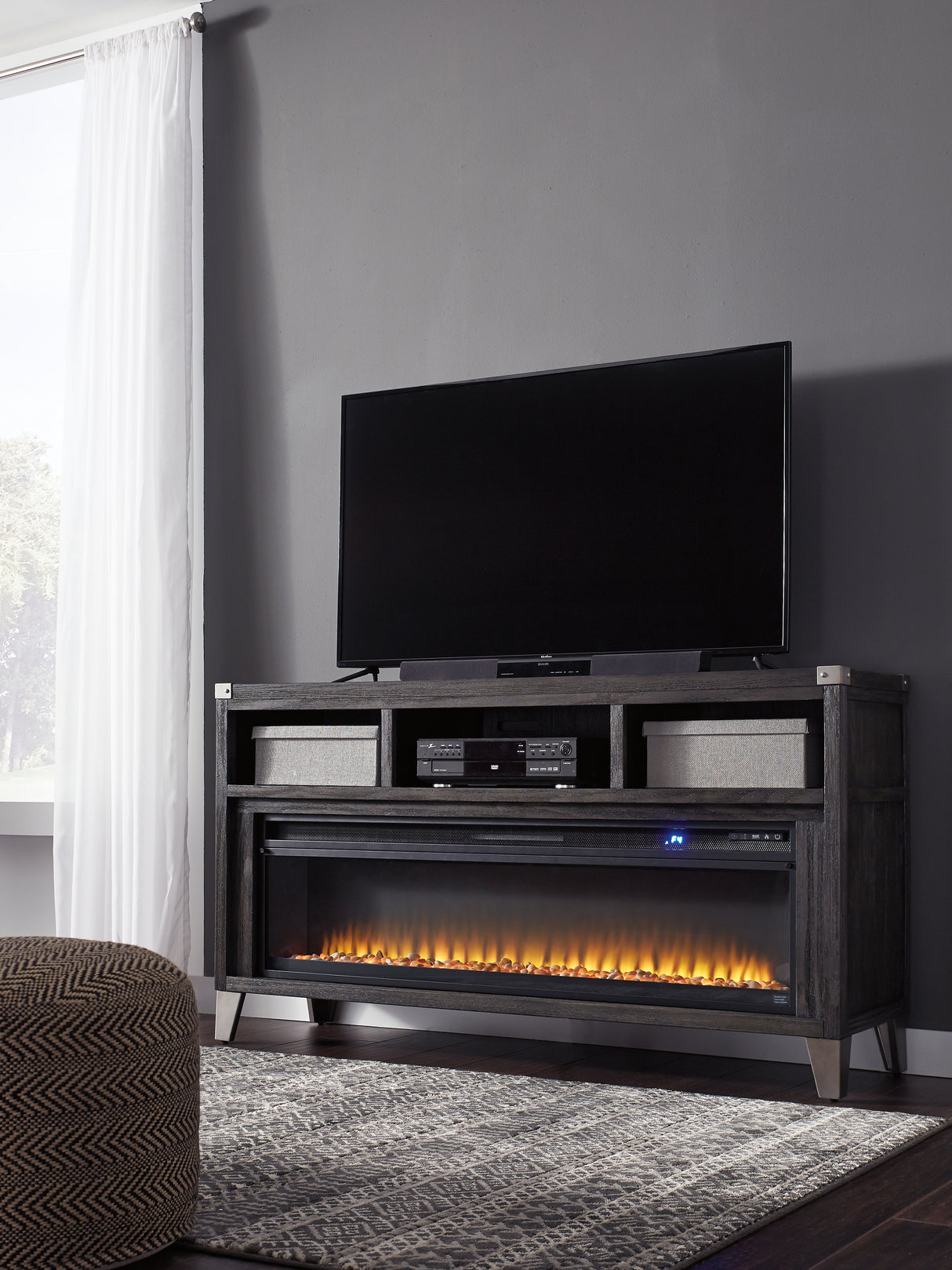 Todoe Gray 65" TV Stand with Electric Fireplace from Ashley - Luna Furniture
