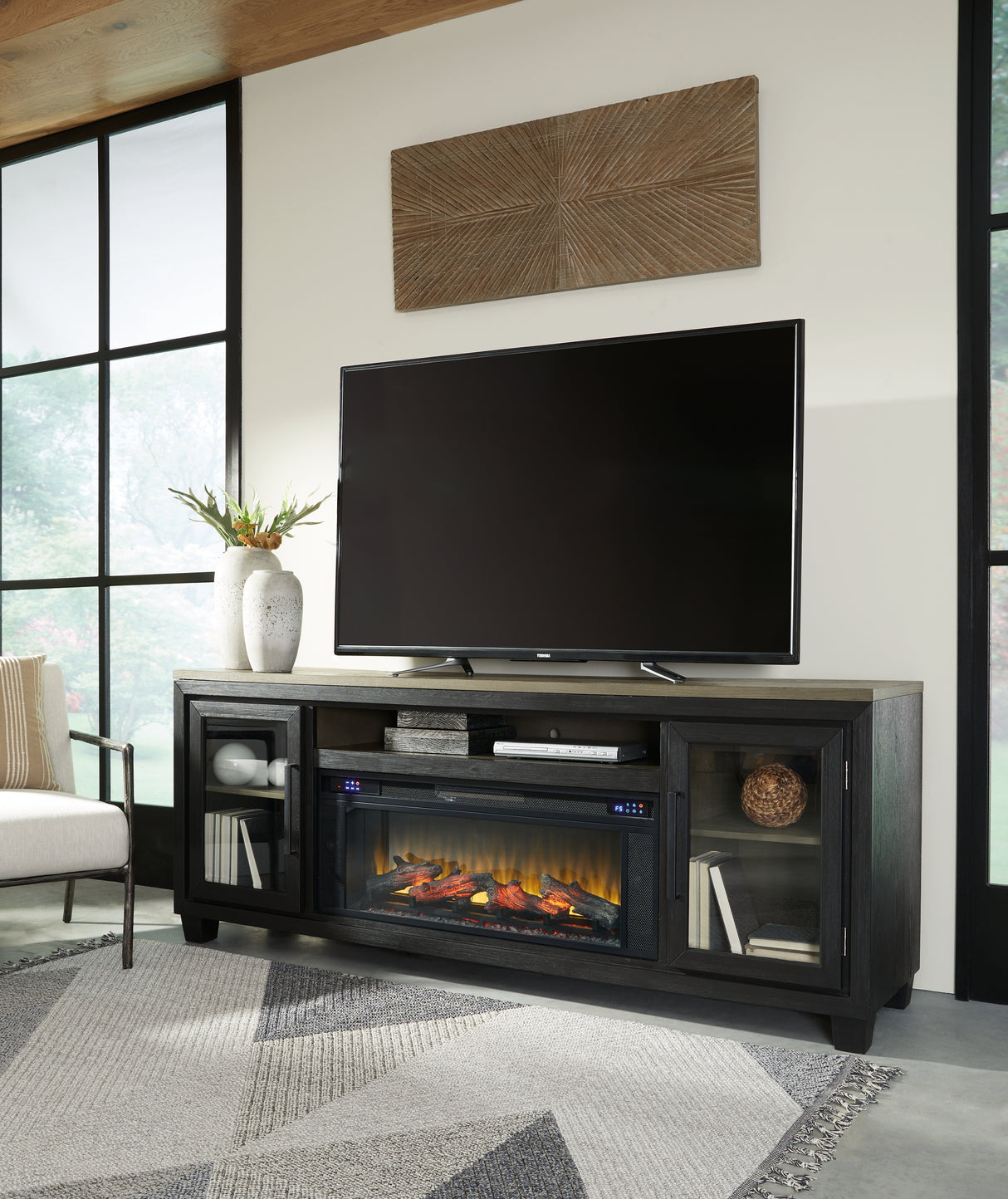 Foyland Black/Brown 83" TV Stand with Electric Fireplace from Ashley Furniture - Luna Furniture