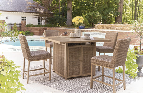 Walton Bridge Outdoor Bar Table and 4 Barstools in Driftwood from Ashley - Luna Furniture