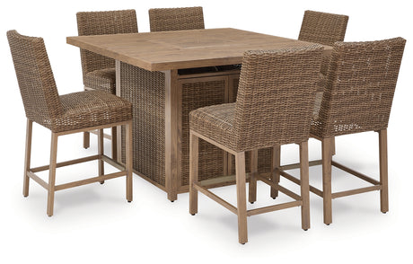 Walton Bridge Outdoor Fire Pit Table and 6 Barstools in Driftwood from Ashley - Luna Furniture