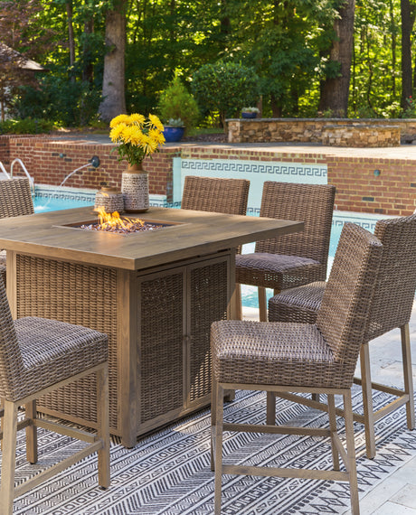 Walton Bridge Outdoor Fire Pit Table and 6 Barstools in Driftwood from Ashley - Luna Furniture