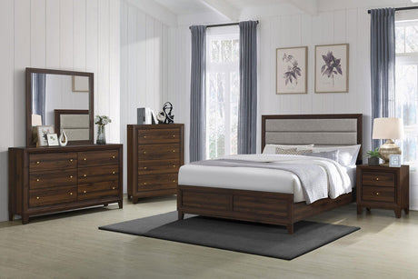 Welsley Walnut 50-inch Upholstered Eastern King Bed from Coaster - Luna Furniture