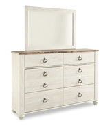 Willowton California King Panel Bed with Mirrored Dresser in Whitewash from Ashley - Luna Furniture