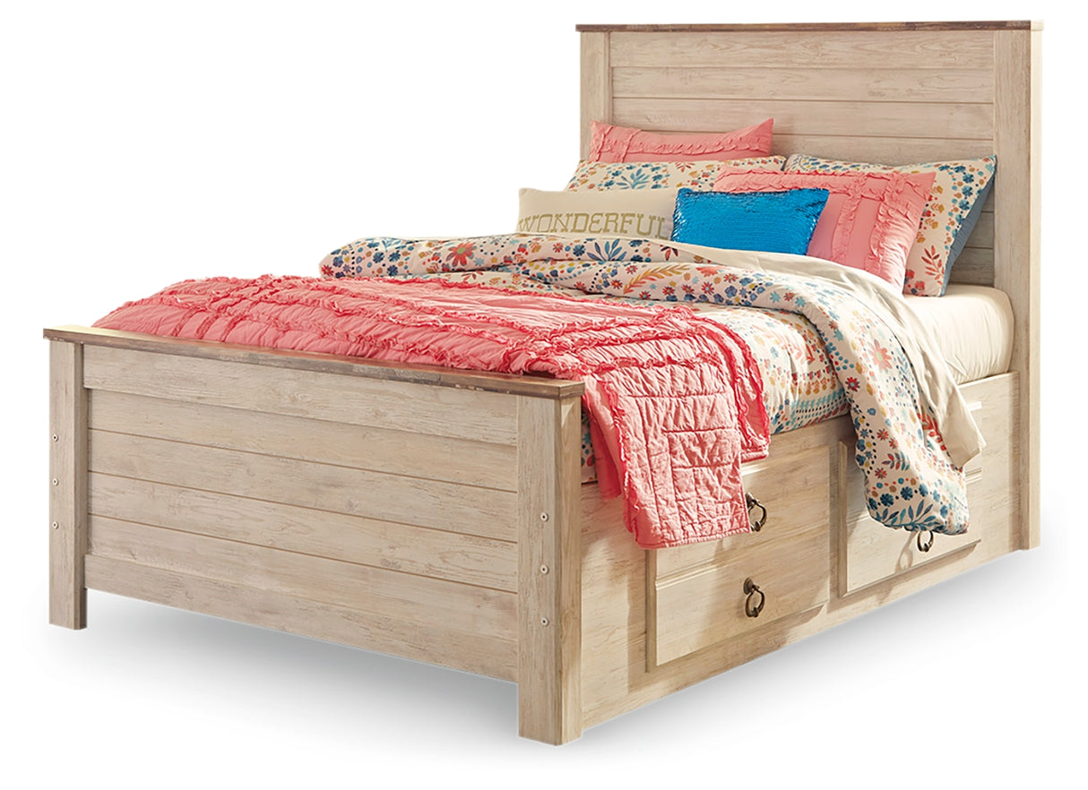 Willowton Full Panel Bed with Storage with Mirrored Dresser in Whitewash from Ashley - Luna Furniture