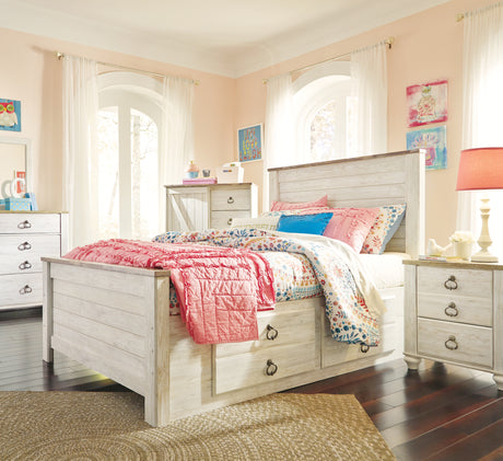 Willowton Full Panel Bed with Storage with Mirrored Dresser in Whitewash from Ashley - Luna Furniture