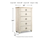 Willowton King Panel Bed with Mirrored Dresser, Chest and 2 Nightstands in Whitewash from Ashley - Luna Furniture