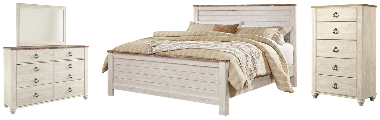 Willowton King Panel Bed with Mirrored Dresser and Chest in Whitewash from Ashley - Luna Furniture