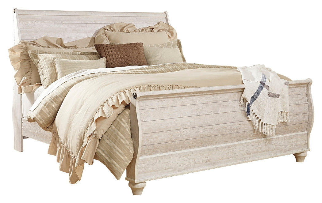 Willowton King Sleigh Bed with Mirrored Dresser and Chest in Whitewash from Ashley Furniture - Luna Furniture