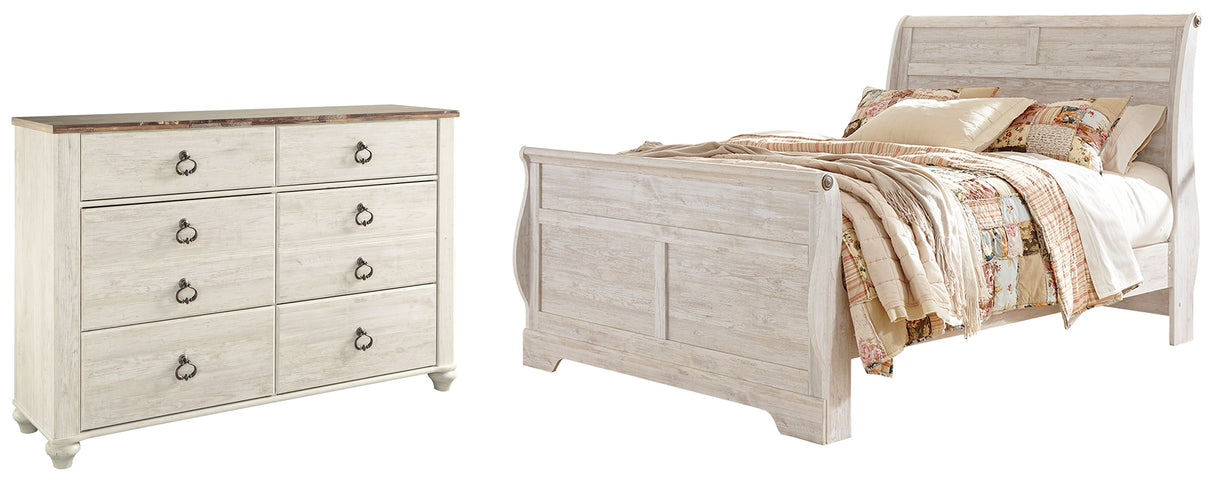 Willowton Queen Sleigh Bed with Dresser in Whitewash from Ashley Furniture - Luna Furniture