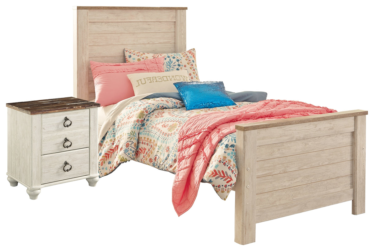 Willowton Twin Panel Bed with Nightstand in Whitewash from Ashley - Luna Furniture