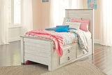 Willowton Twin Panel Bed with Storage with Mirrored Dresser, Chest and Nightstand in Whitewash from Ashley - Luna Furniture
