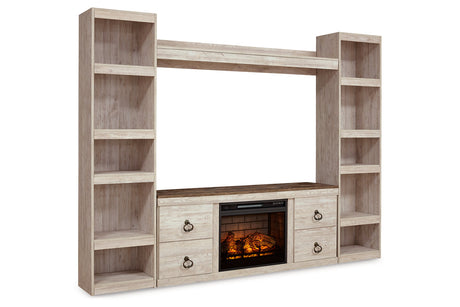 Willowton Whitewash 4-Piece Entertainment Center with Electric Fireplace from Ashley - Luna Furniture