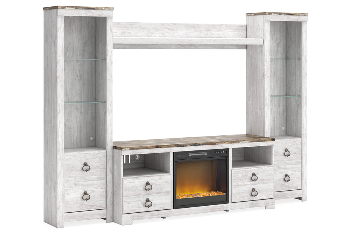 Willowton Whitewash 4-Piece Entertainment Center with Electric Fireplace from Ashley - Luna Furniture
