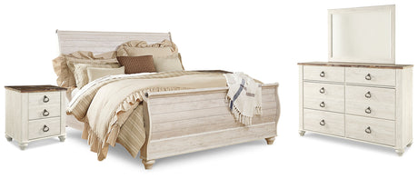 Willowton Whitewash King Sleigh Bed, Dresser, Mirror and 2 Nightstands from Ashley - Luna Furniture