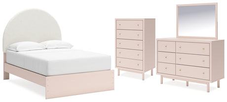Wistenpine Full Upholstered Panel Bed with Mirrored Dresser and Chest in Blush from Ashley - Luna Furniture