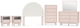Wistenpine Full Upholstered Panel Headboard with Mirrored Dresser, Chest and 2 Nightstands in Blush from Ashley - Luna Furniture