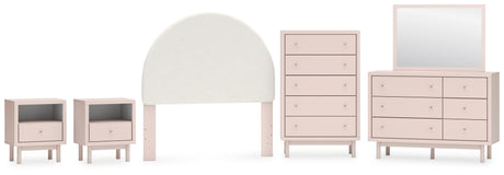 Wistenpine Full Upholstered Panel Headboard with Mirrored Dresser, Chest and 2 Nightstands in Blush from Ashley - Luna Furniture