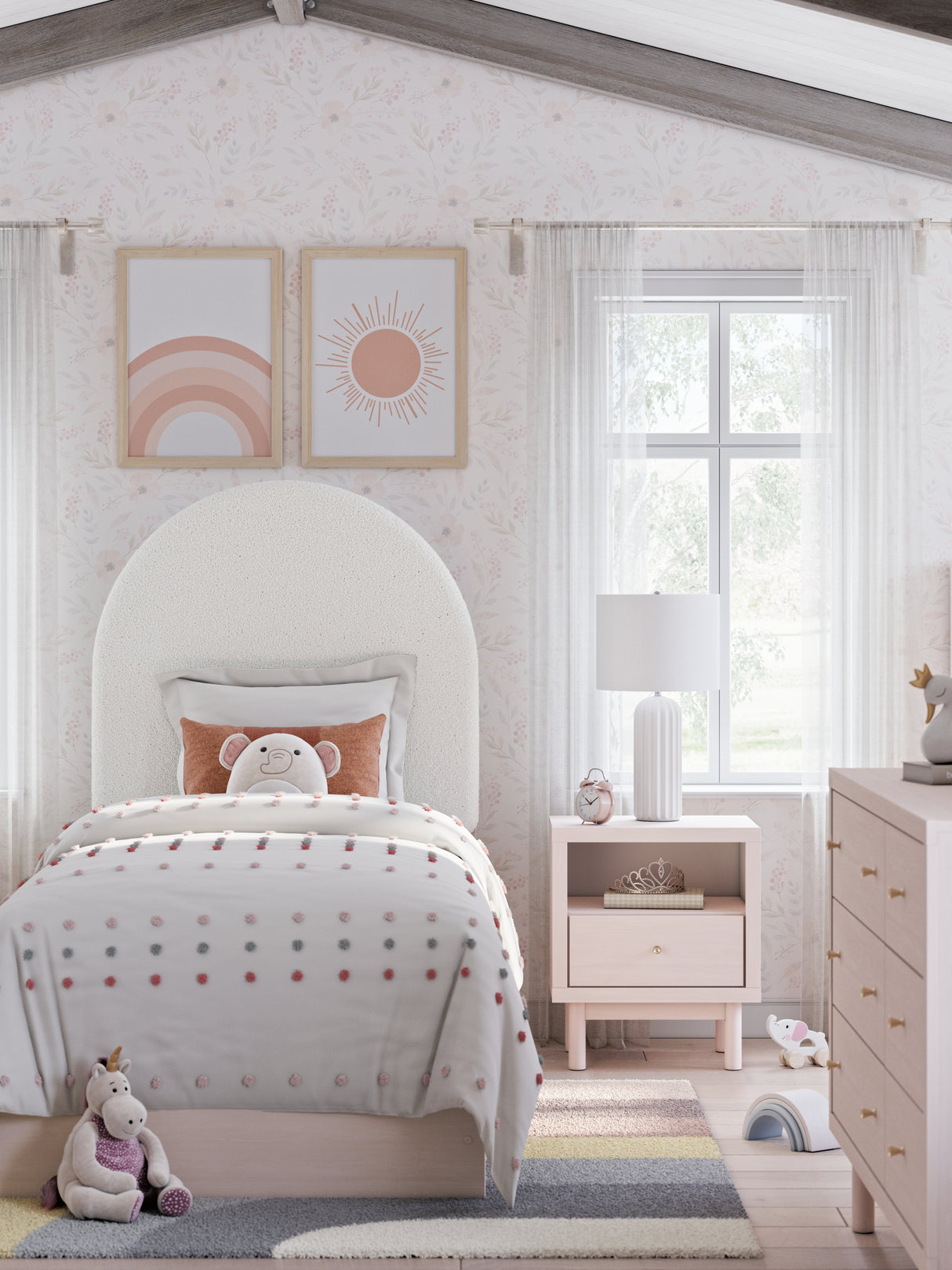 Wistenpine Twin Upholstered Panel Bed with Dresser and 2 Nightstands in Blush from Ashley - Luna Furniture