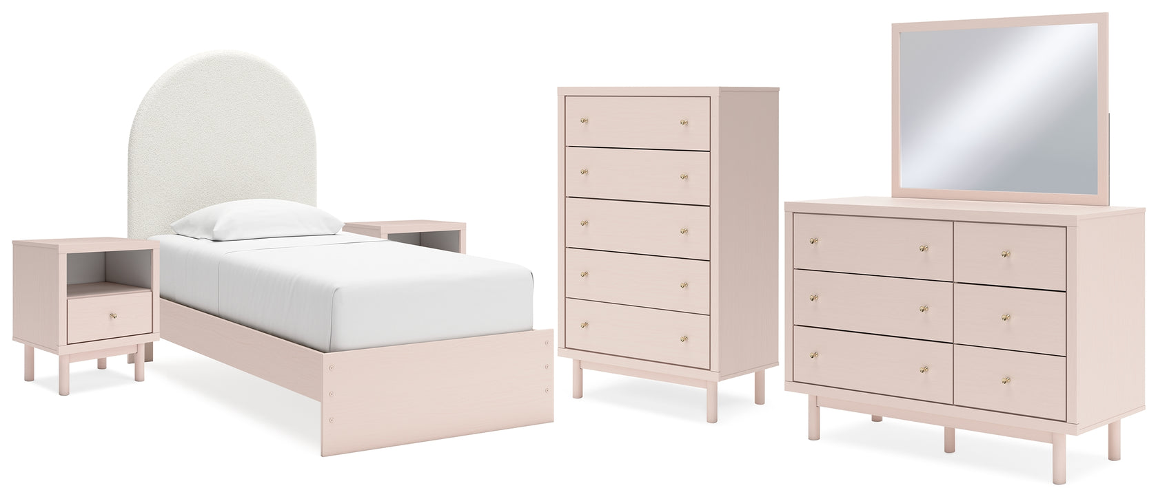 Wistenpine Twin Upholstered Panel Bed with Mirrored Dresser, Chest and 2 Nightstands in Blush from Ashley - Luna Furniture