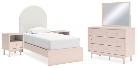 Wistenpine Twin Upholstered Panel Bed with Mirrored Dresser and 2 Nightstands in Blush from Ashley - Luna Furniture