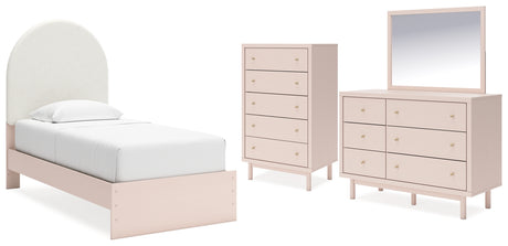Wistenpine Twin Upholstered Panel Bed with Mirrored Dresser and Chest in Blush from Ashley - Luna Furniture