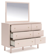 Wistenpine Twin Upholstered Panel Bed with Mirrored Dresser and Chest in Blush from Ashley - Luna Furniture