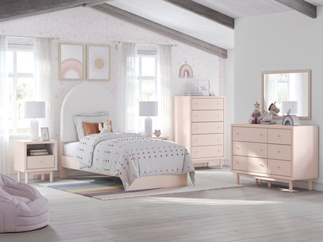 Wistenpine Twin Upholstered Panel Bed with Mirrored Dresser and Chest in Blush from Ashley - Luna Furniture