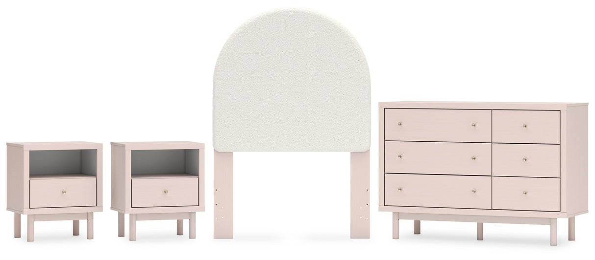 Wistenpine Twin Upholstered Panel Headboard with Dresser and 2 Nightstands in Blush from Ashley - Luna Furniture