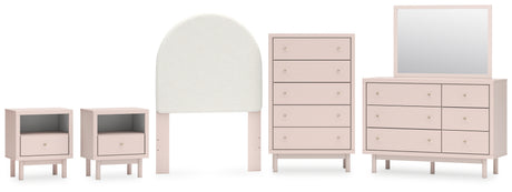 Wistenpine Twin Upholstered Panel Headboard with Mirrored Dresser, Chest and 2 Nightstands in Blush from Ashley - Luna Furniture