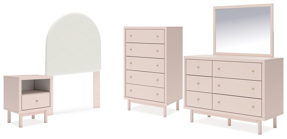 Wistenpine Twin Upholstered Panel Headboard with Mirrored Dresser, Chest and Nightstand in Blush from Ashley - Luna Furniture