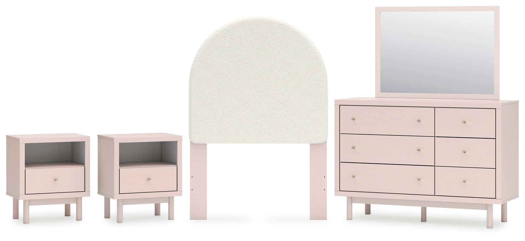 Wistenpine Twin Upholstered Panel Headboard with Mirrored Dresser and 2 Nightstands in Blush from Ashley - Luna Furniture