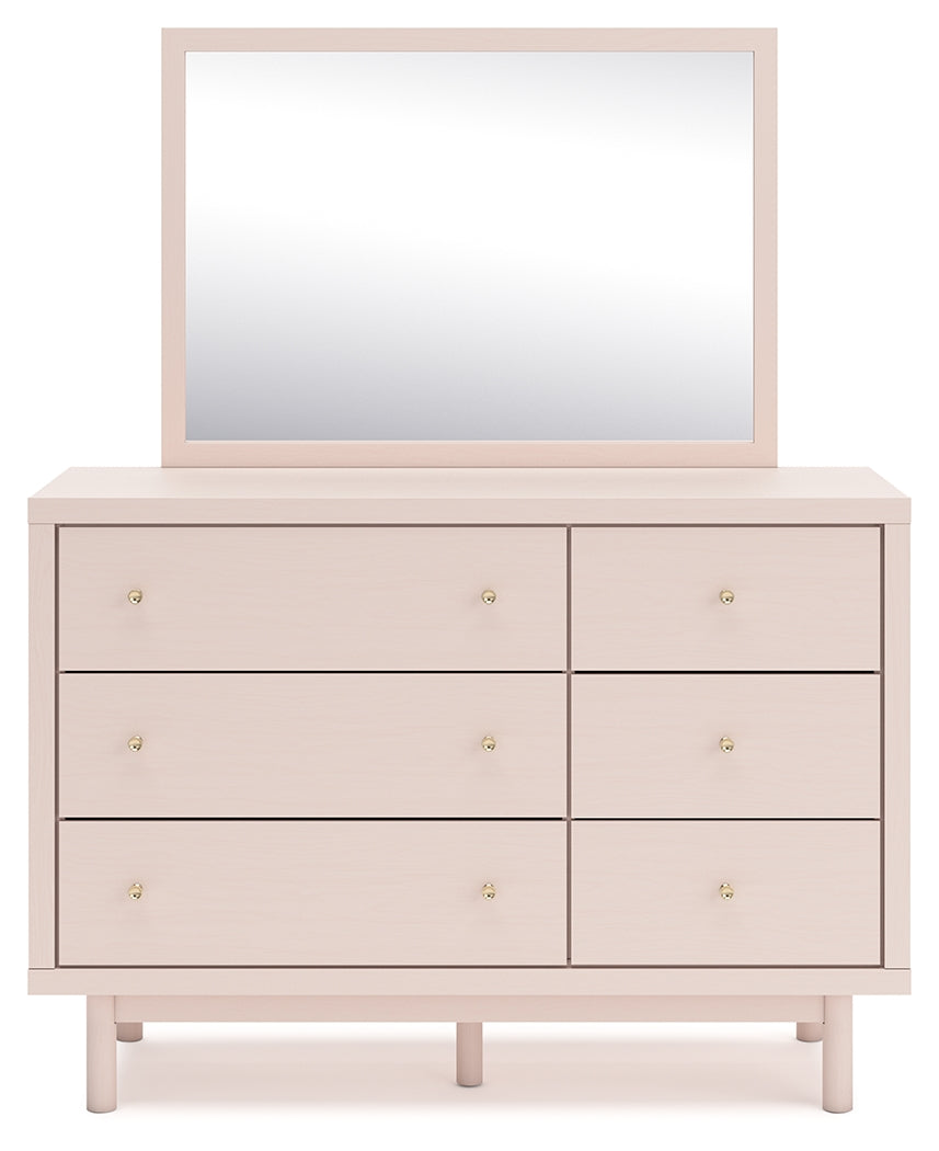 Wistenpine Twin Upholstered Panel Headboard with Mirrored Dresser and Nightstand in Blush from Ashley - Luna Furniture
