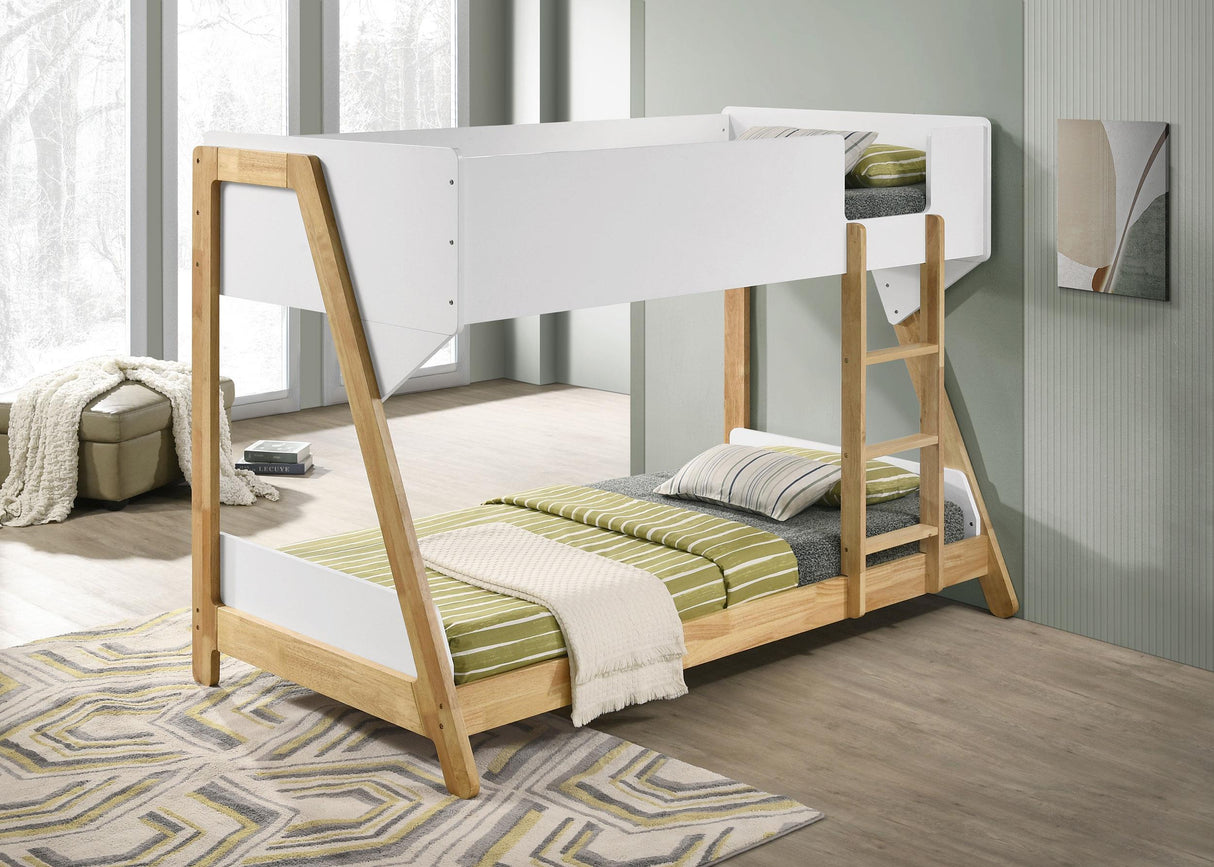 Wyatt White and Natural Wood Twin Over Twin Bunk Bed from Coaster - Luna Furniture