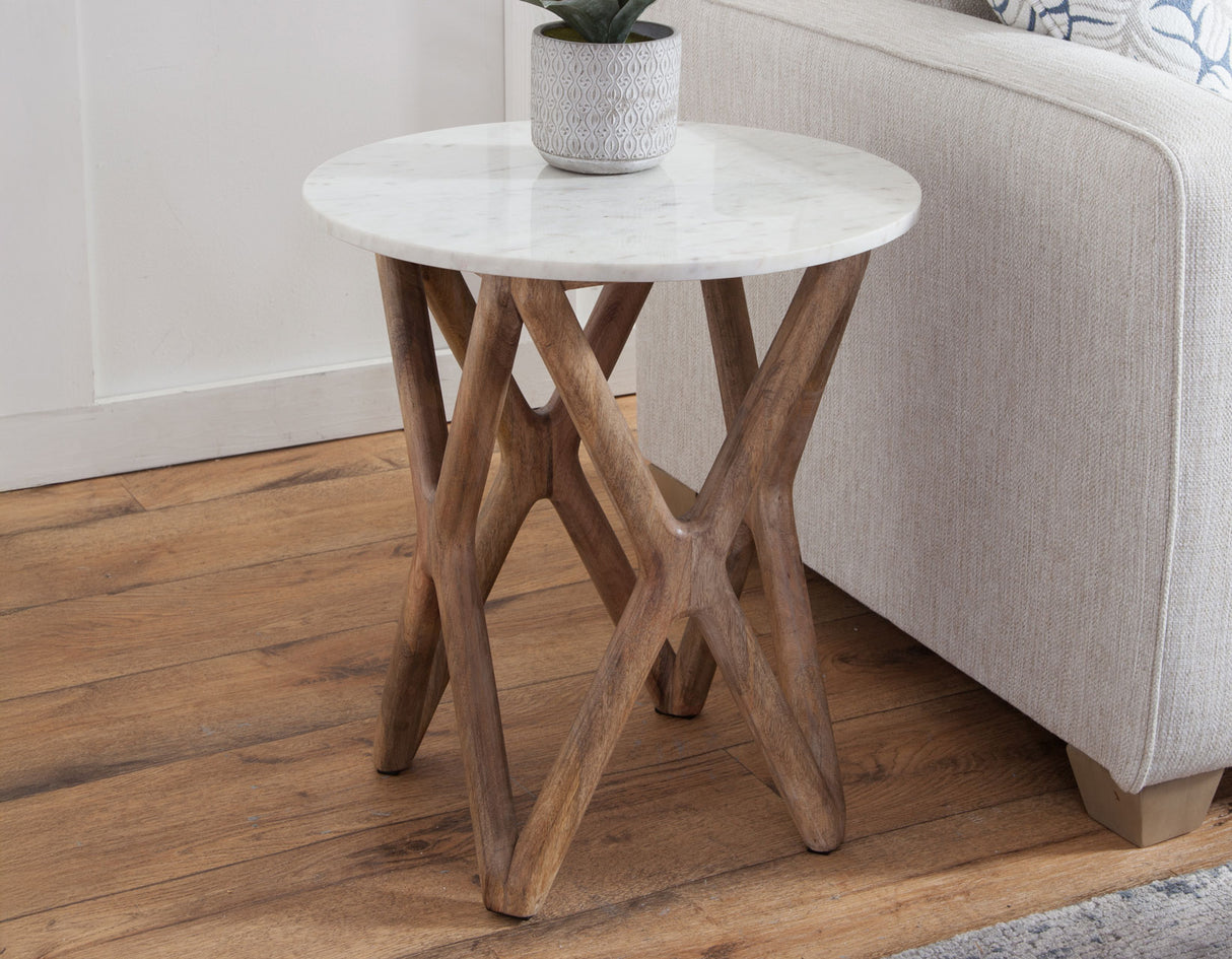 Wyman Banswara 20″ Round White Marble Top End Table from Steve Silver - Luna Furniture
